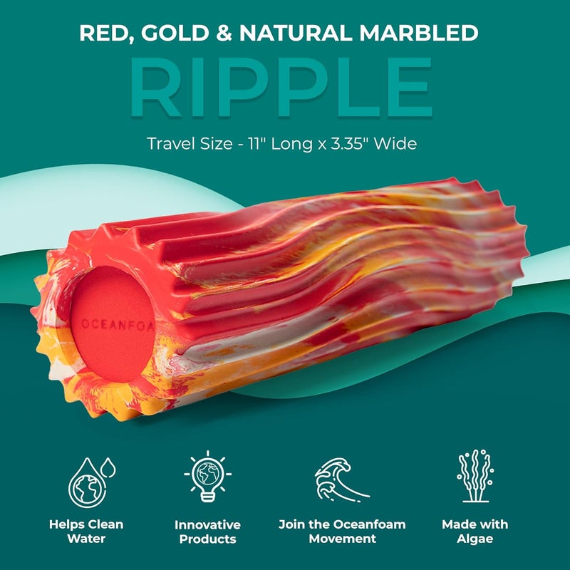 Oceanfoam Ripple Travel Foam Roller (11" x 3.35") Firm Mini Foam Roller for Physical Therapy, Deep Tissue Massage, Back Pain - High Density, Wave Textured, Yoga, Exercise (Red, Gold & Natural Marbled) - Image 2